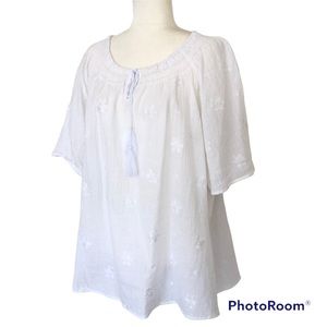 White 100% Cotton Embroidered Tassel Tie Neck Top Tunic Women’s Size XL